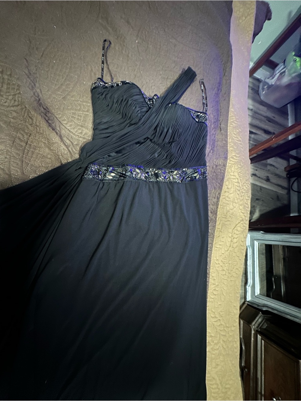 Camille La Vie Black One-Shoulder Evening Gown with Beaded Waist
